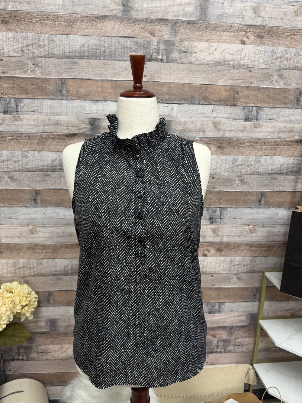 J. Crew Black and White Herringbone Ruffle-Neck Sleeveless Top
